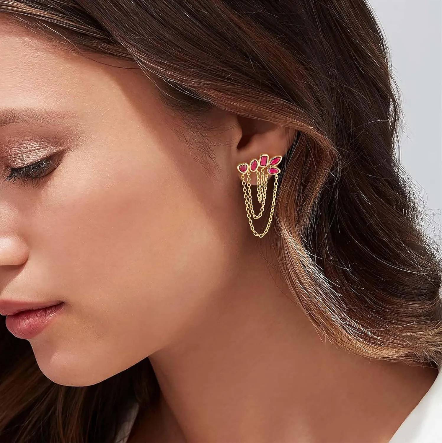 LOYATA Dangle Earrings for Women Trendy 14K Gold Plated/925 Sterling Sliver Post Hypoallergenic Gold Chain CZ Stud Earrings Dainty Long Dangling Earrings Wedding Prom Jewelry for Women Gifts