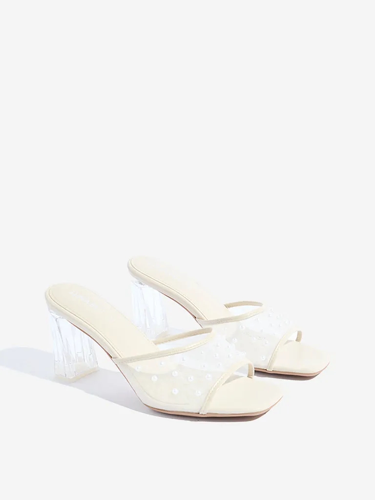 LUNA BLU Ivory Pearlescent Block Heel Sandals