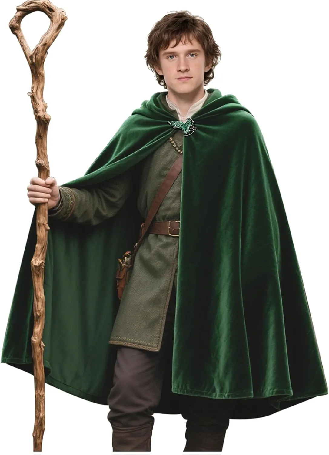 L'VOW Medieval Hobbit Cloak Renaissance Elf Hooded Cape Lord of The Rings Velvet Green Cloak with Hood