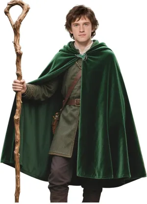L'VOW Medieval Hobbit Cloak Renaissance Elf Hooded Cape Lord of The Rings Velvet Green Cloak with Hood