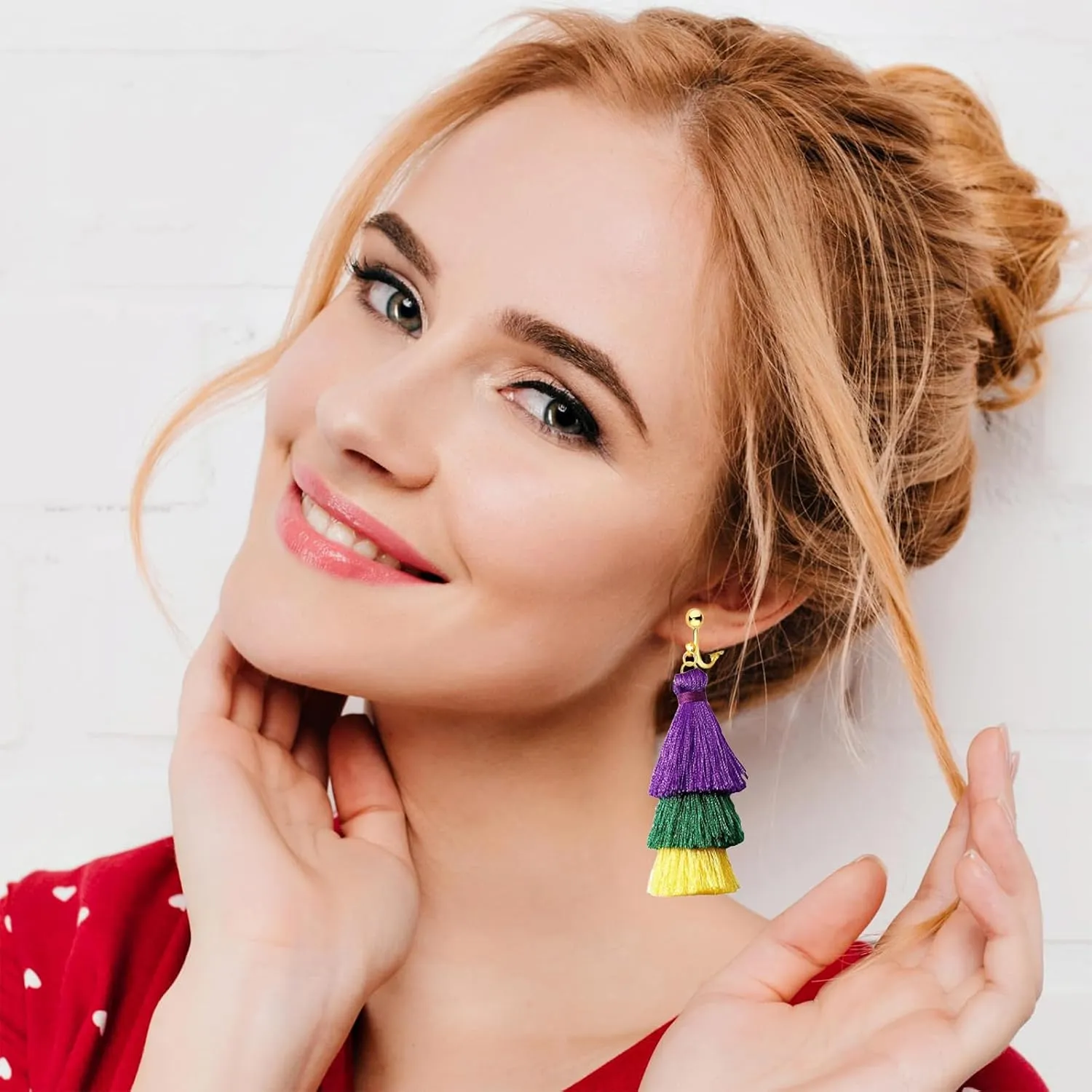 Mardi Gras Earrings for Women, Pink Valentine's Day Earrings Clip on Earrings Non Pierced Bohemian Long Tassel Earrings Layered Drop Earrings Mardi Gras Purple Threader Dangle Earrings Holiday