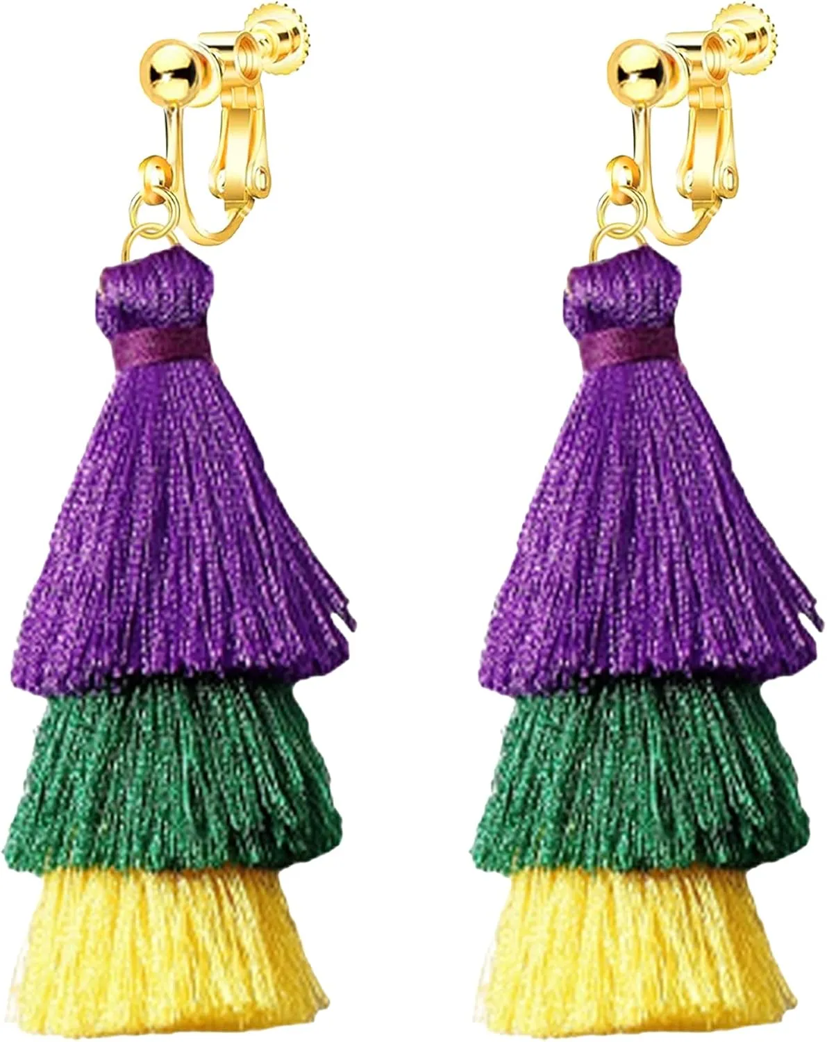 Mardi Gras Earrings for Women, Pink Valentine's Day Earrings Clip on Earrings Non Pierced Bohemian Long Tassel Earrings Layered Drop Earrings Mardi Gras Purple Threader Dangle Earrings Holiday