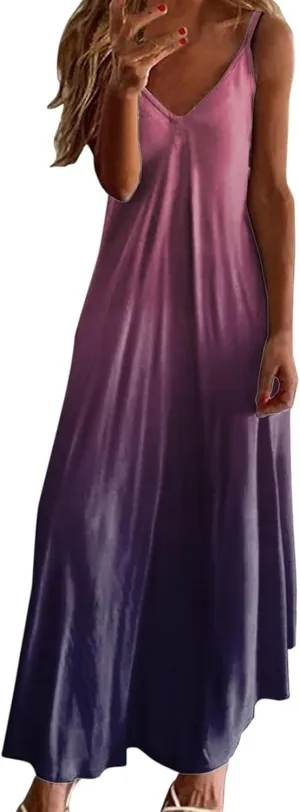 Maxi Cami Dress Women Beach Vacation Summer Dress Spaghetti Strap Casual Sundress V Neck Ombre Flowy A Line Dress
