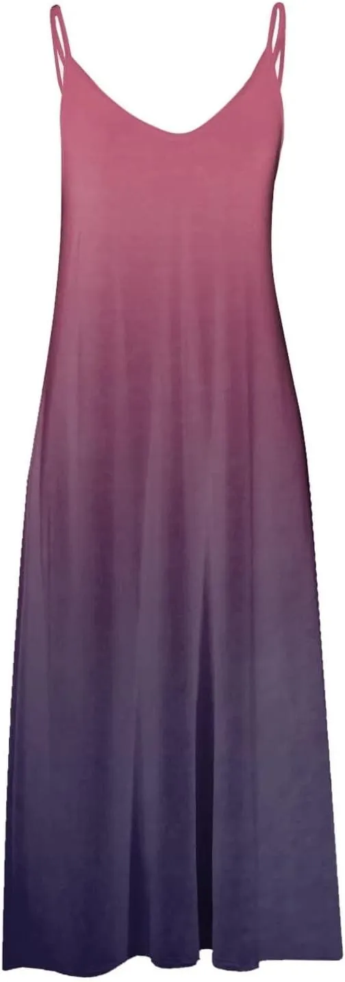 Maxi Cami Dress Women Beach Vacation Summer Dress Spaghetti Strap Casual Sundress V Neck Ombre Flowy A Line Dress