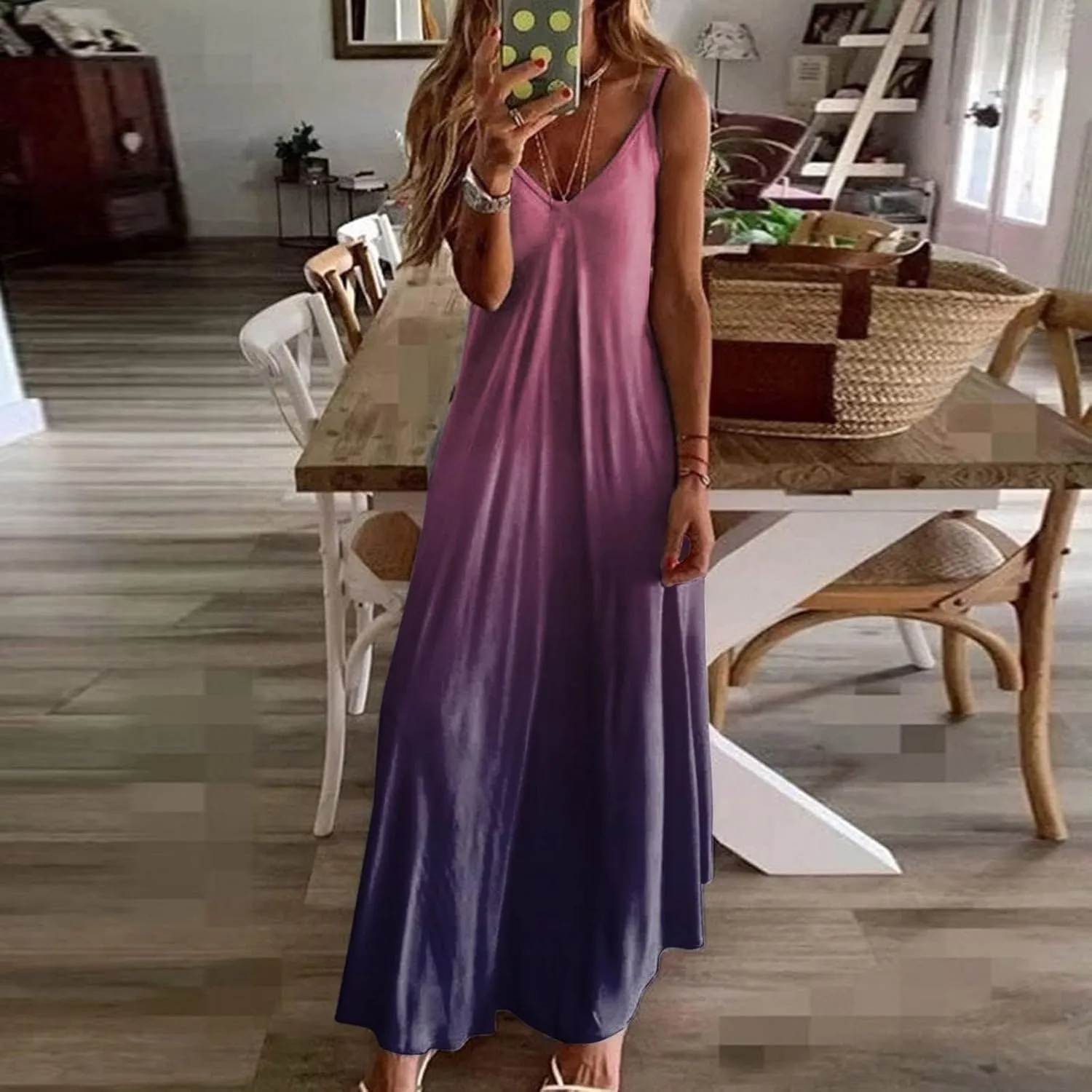 Maxi Cami Dress Women Beach Vacation Summer Dress Spaghetti Strap Casual Sundress V Neck Ombre Flowy A Line Dress