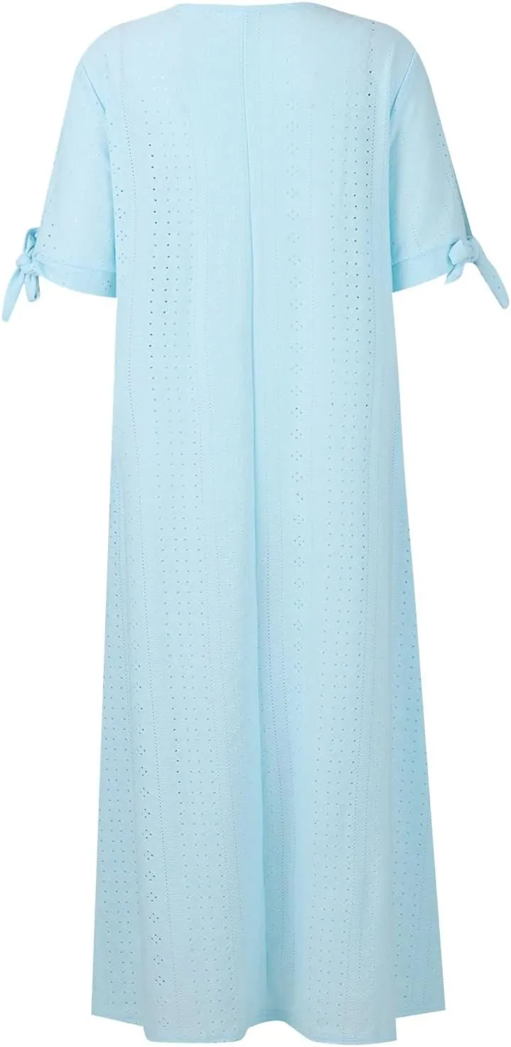 Maxi Dresses for Women 2025 Boho Short Sleeve Eyelet Tshirt Dress Casual Summer Beach Vacation Long Dresses