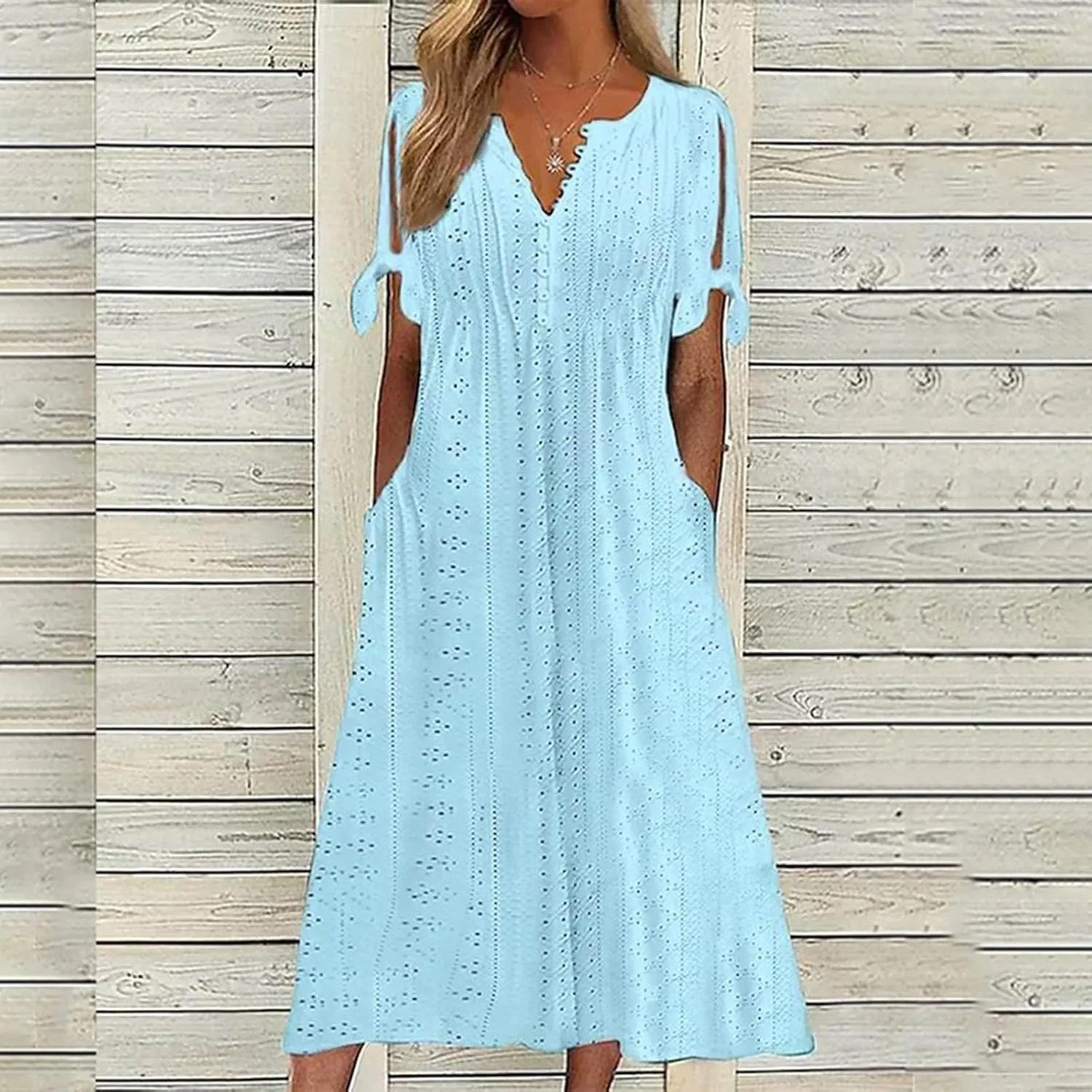 Maxi Dresses for Women 2025 Boho Short Sleeve Eyelet Tshirt Dress Casual Summer Beach Vacation Long Dresses