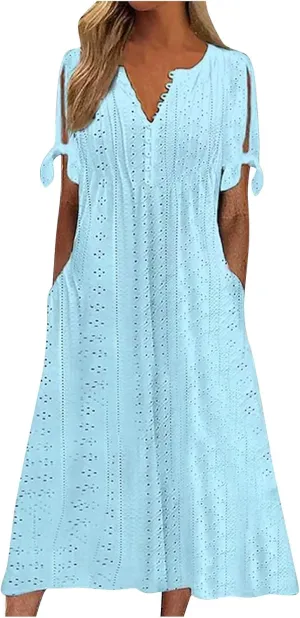 Maxi Dresses for Women 2025 Boho Short Sleeve Eyelet Tshirt Dress Casual Summer Beach Vacation Long Dresses