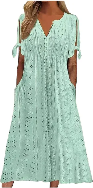 Maxi Long Dresses for Women 2025 Trendy Short Sleeve Eyelet Tshirt Dress Casual Summer Beach Vacation Sundress