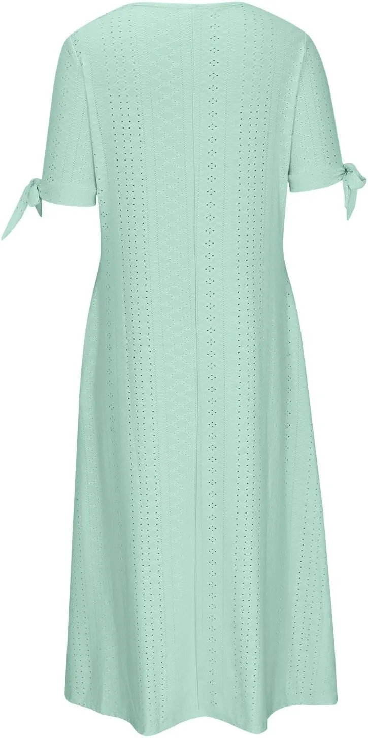 Maxi Long Dresses for Women 2025 Trendy Short Sleeve Eyelet Tshirt Dress Casual Summer Beach Vacation Sundress