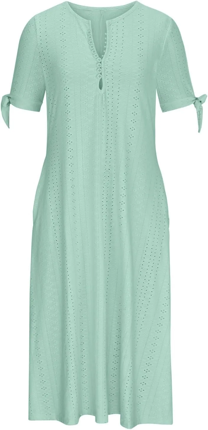 Maxi Long Dresses for Women 2025 Trendy Short Sleeve Eyelet Tshirt Dress Casual Summer Beach Vacation Sundress