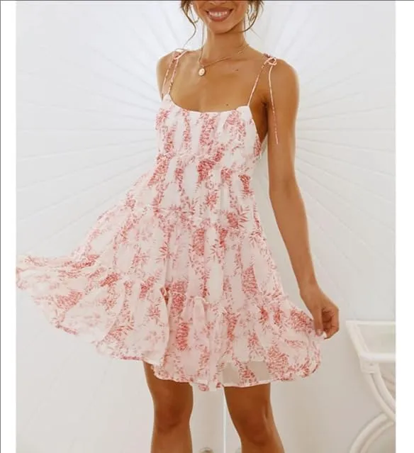 Melliflo Women's Mini Dress Floral Print Strap Tiered Ruffle Hem Scoop Neck Boho Short Dress