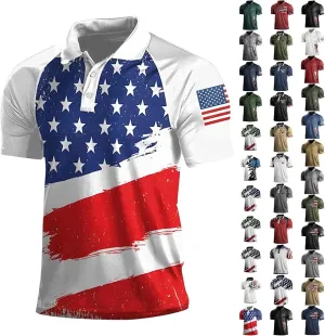 Men American Flag Golf Shirts 4th of July Short Sleeve Performance Moisture Wicking Quick Dry USA Patriotic Polo Shirt