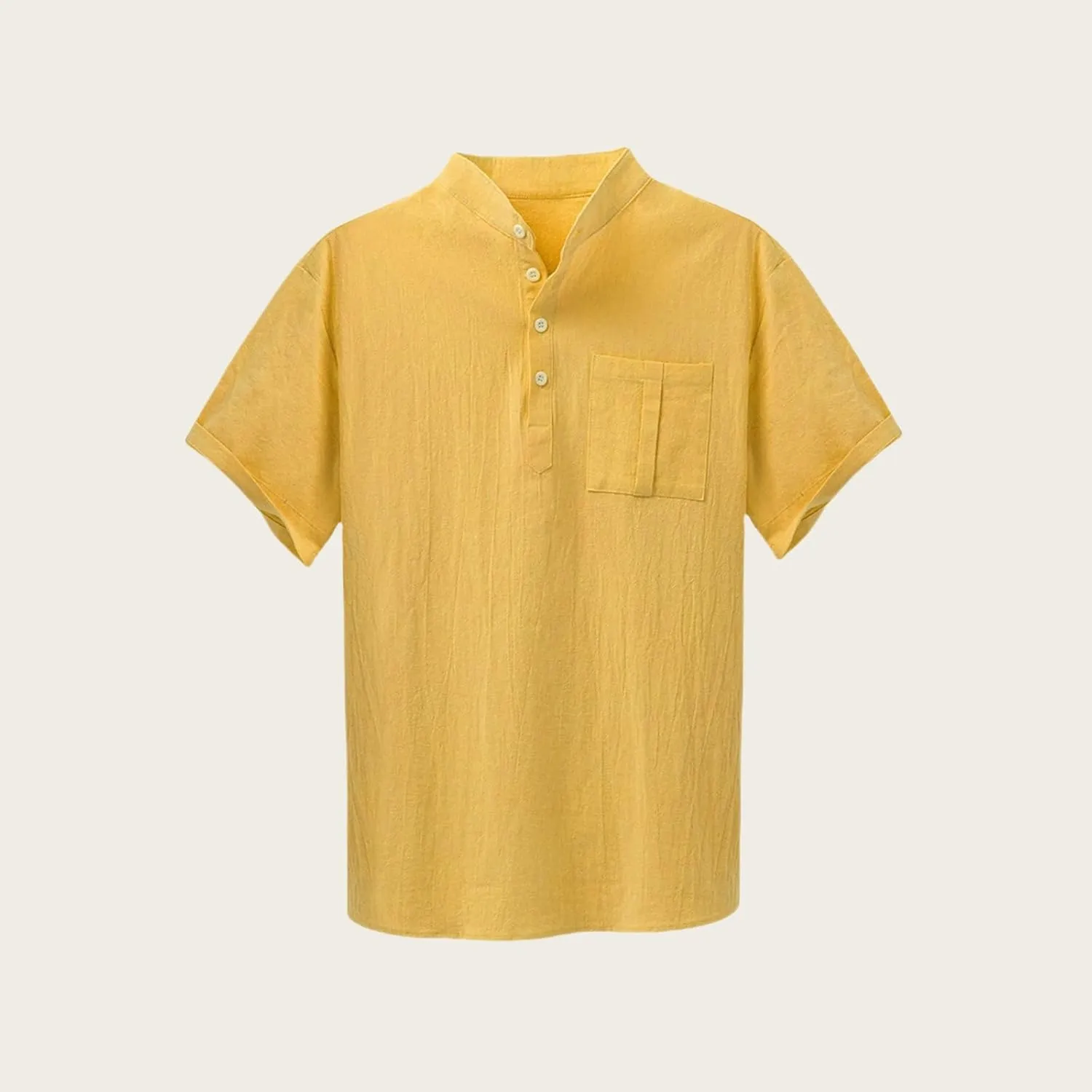 Men Short Sleeve Casual Button Down Striped Henley Lightweight Linen Cotton Dress Shirts with One Pocket Tops