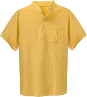 Men Short Sleeve Casual Button Down Striped Henley Lightweight Linen Cotton Dress Shirts with One Pocket Tops