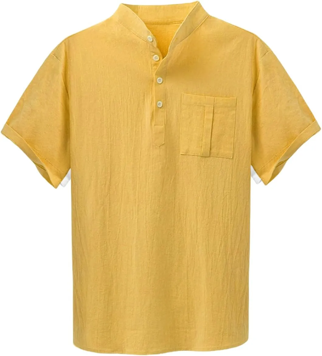 Men Short Sleeve Casual Button Down Striped Henley Lightweight Linen Cotton Dress Shirts with One Pocket Tops