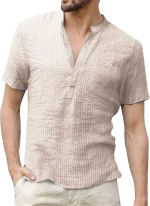 Mens Beach Shirt Short Sleeve Cotton Linen Stripe Henley T-Shirts Casual Summer Loose Button Up V Neck Vacation Work Top