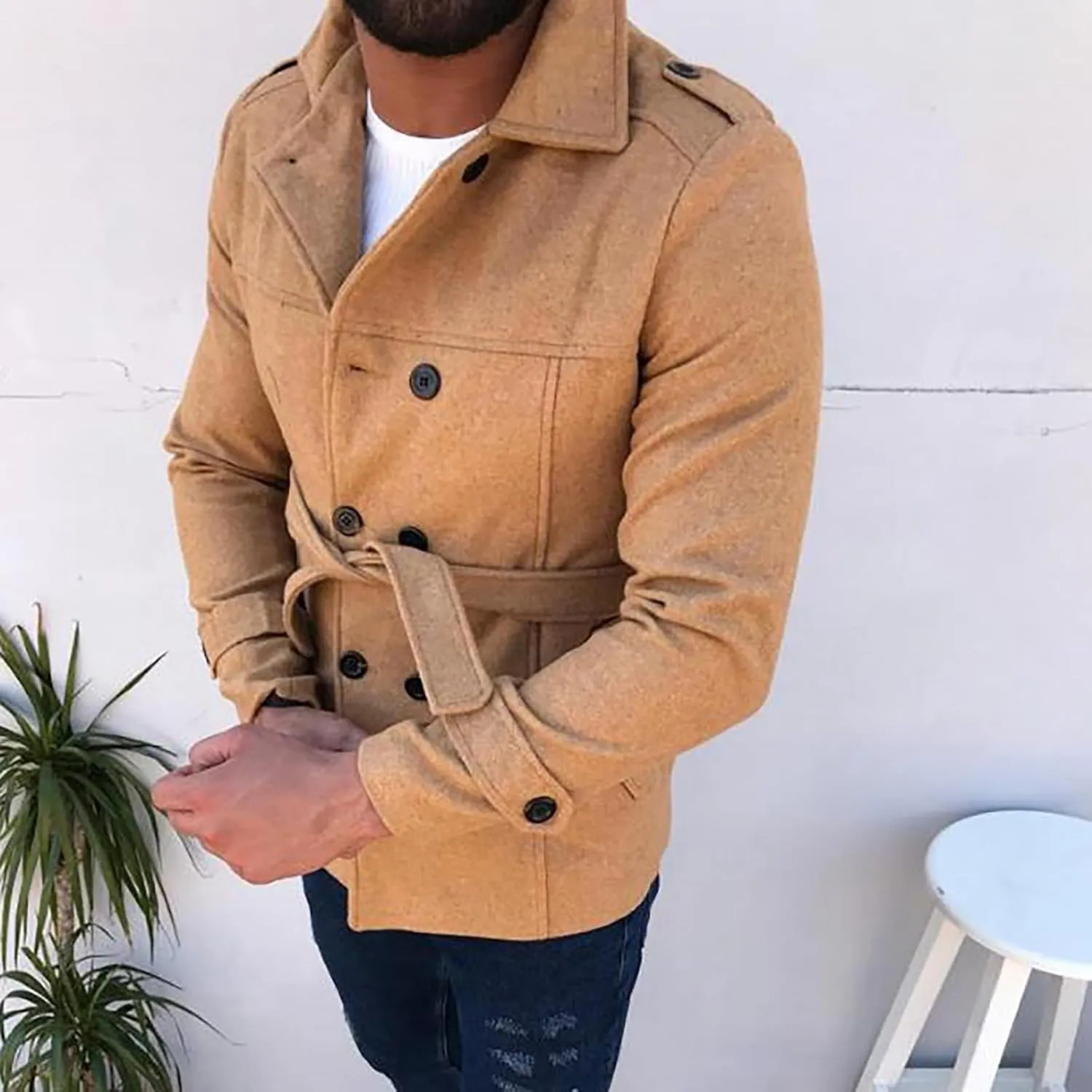 Men's Belted Tweed Trench Coats Slim Fit Double Breasted Short Windbreaker Notched Lapel Collar Windproof Overcoats