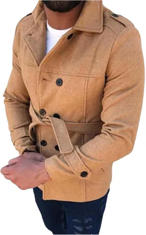 Men's Belted Tweed Trench Coats Slim Fit Double Breasted Short Windbreaker Notched Lapel Collar Windproof Overcoats
