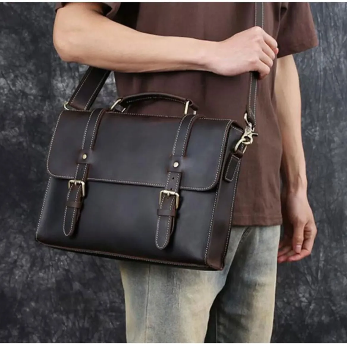 Mens Business Briefcases Genuine Leather Messenger Shoulder Bags Handbags Luggage Laptop Bags(Yellow)