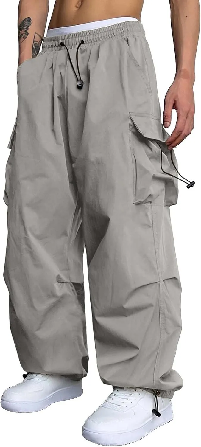 Men's Cargo Pants Loose Fit Casual Joggers Drawstring Elastic Waist Track Pants Multi Pockets