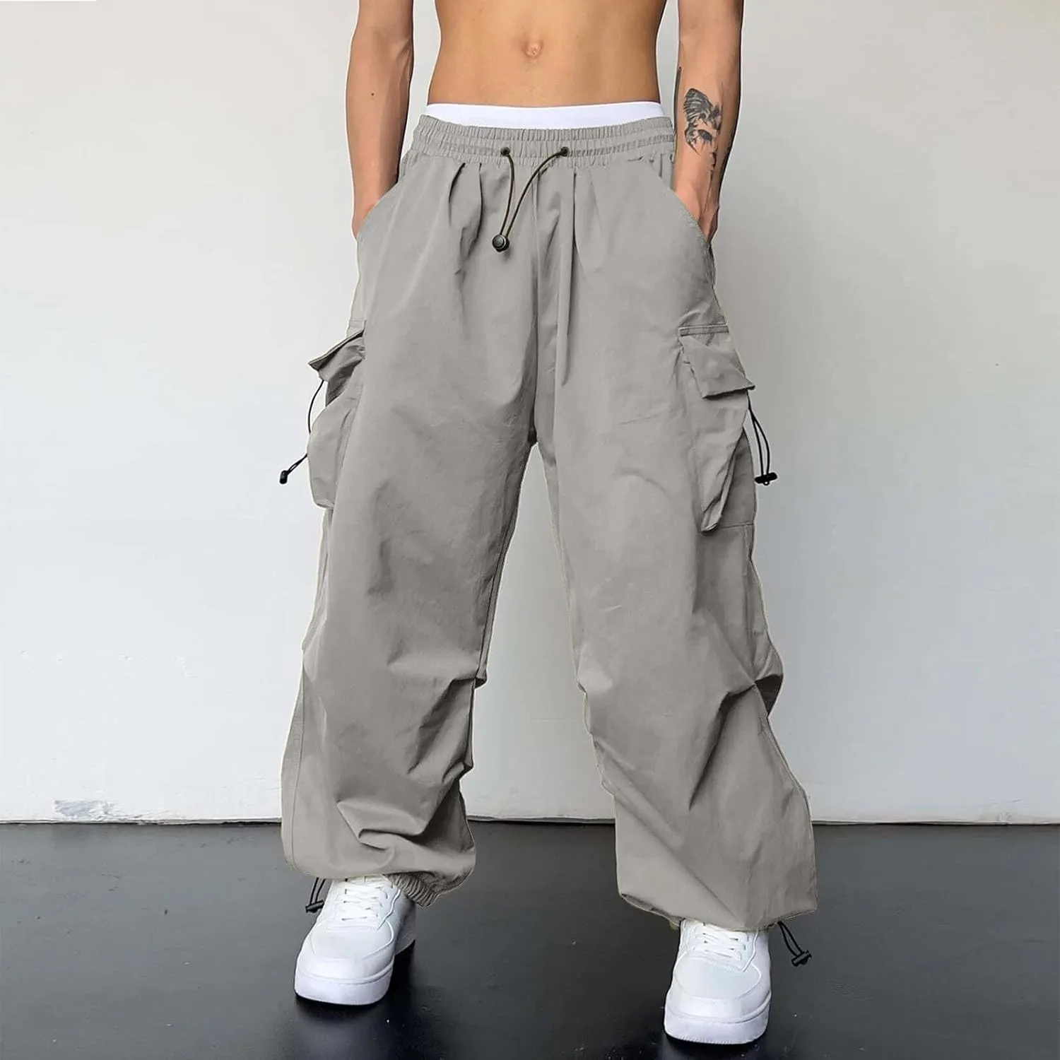 Men's Cargo Pants Loose Fit Casual Joggers Drawstring Elastic Waist Track Pants Multi Pockets