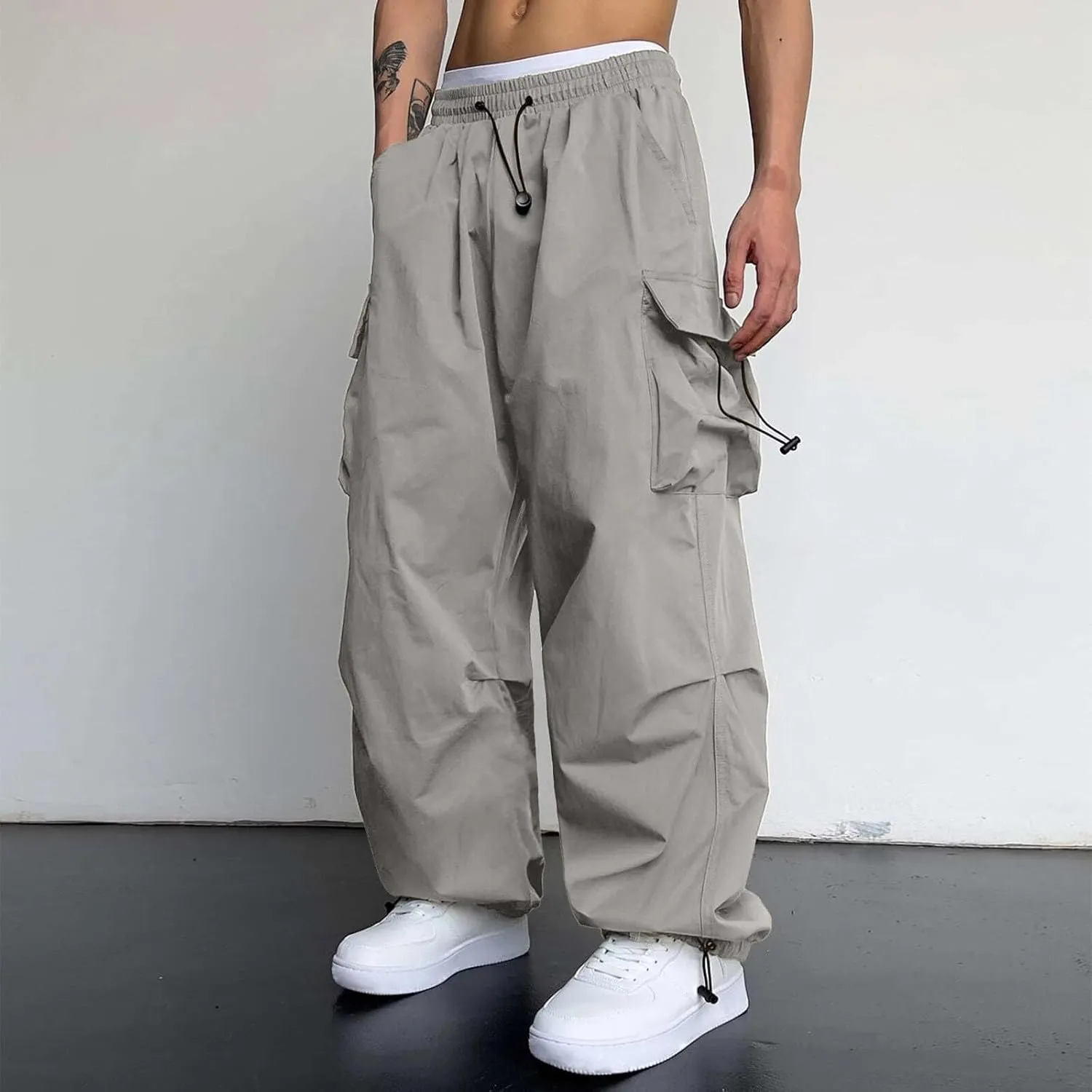 Men's Cargo Pants Loose Fit Casual Joggers Drawstring Elastic Waist Track Pants Multi Pockets