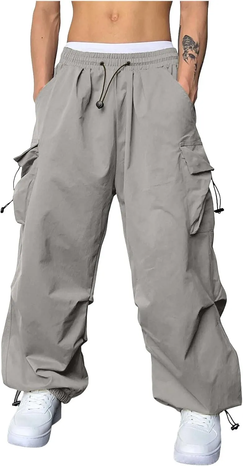 Men's Cargo Pants Loose Fit Casual Joggers Drawstring Elastic Waist Track Pants Multi Pockets