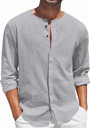 Mens Casual Cotton Linen Shirt Boatneck Long Sleeve Regular Fit Cozy Shirts Combat Active Button Down Beach Trend Top