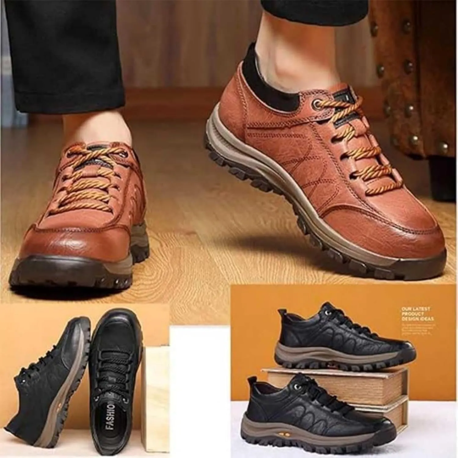 Men's Casual Leather Handmade Non-Slip Arch Support Loafers, Hillde Mens Shoes Comfortable Work Hiking Shoe, Mens Slip on Shoes Sneakers