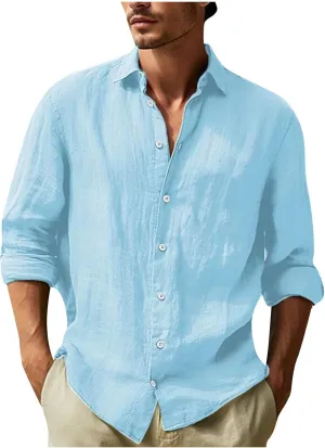 Mens Casual Long Sleeve Cotton Linen Shirts Summer Yoga Tops Regular Fit Plain Holiday Beach Party Button Down Shirts