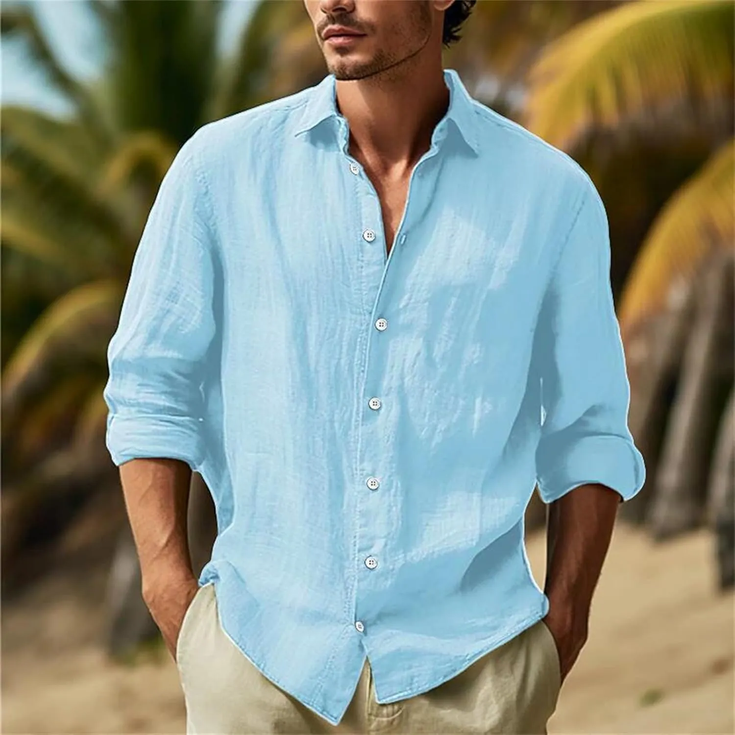 Mens Casual Long Sleeve Cotton Linen Shirts Summer Yoga Tops Regular Fit Plain Holiday Beach Party Button Down Shirts