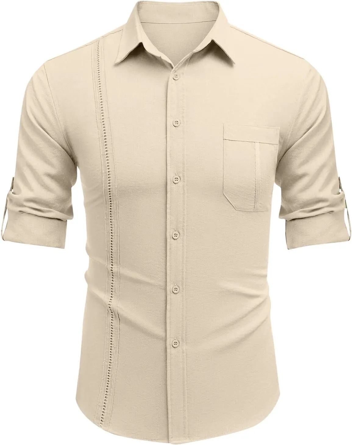 Men's Casual Long Sleeve Regular Fit Collar Dress Shirt Plus Size Collarless Button Down Business Shirts Plus Size