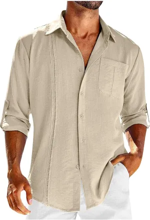 Men's Casual Long Sleeve Regular Fit Collar Dress Shirt Plus Size Collarless Button Down Business Shirts Plus Size