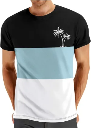 Men's Color Striped Tees Pattern Basic Simple Shirts Palm Tree Classic Printed Beach Shirts Top Short Sleeve Tees