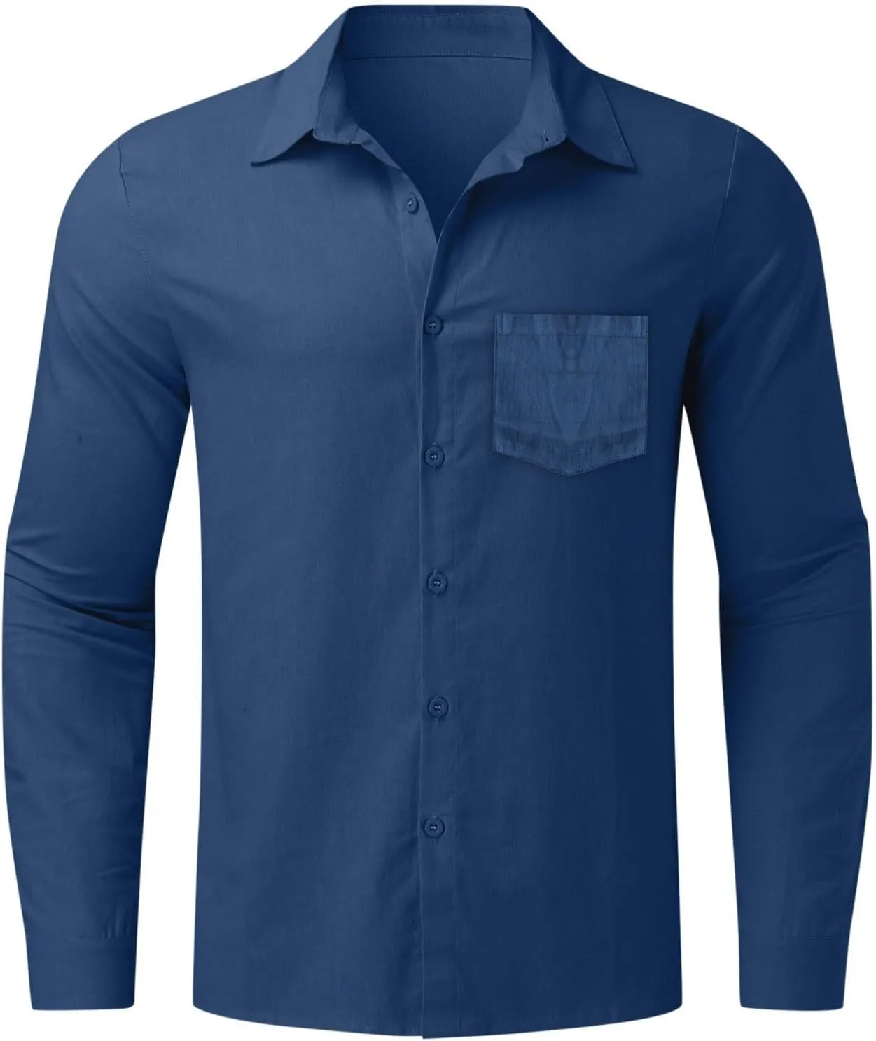 Mens Cotton Linen Button Down Shirts Loose Fit Long Sleeve Lapel T Shirts Retro Lightweight Solid Color Dress Shirt