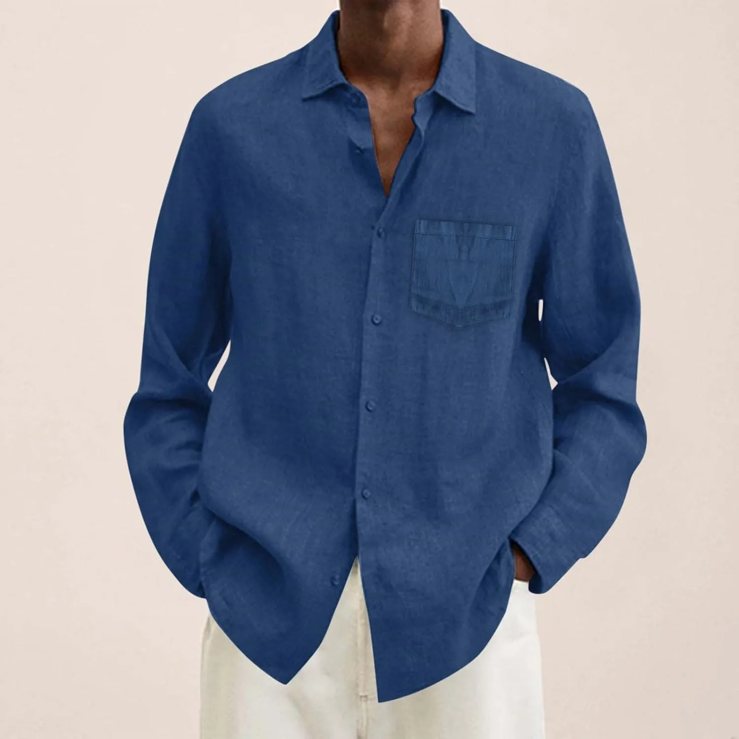 Mens Cotton Linen Button Down Shirts Loose Fit Long Sleeve Lapel T Shirts Retro Lightweight Solid Color Dress Shirt