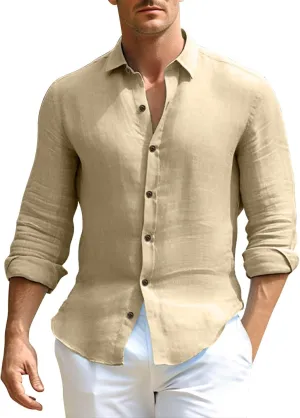 Men's Cotton Linen Dress Shirt Long Sleeve Button Down Summer Beach Shirt Lightweight Wrinkle Resistant Formal Office Top