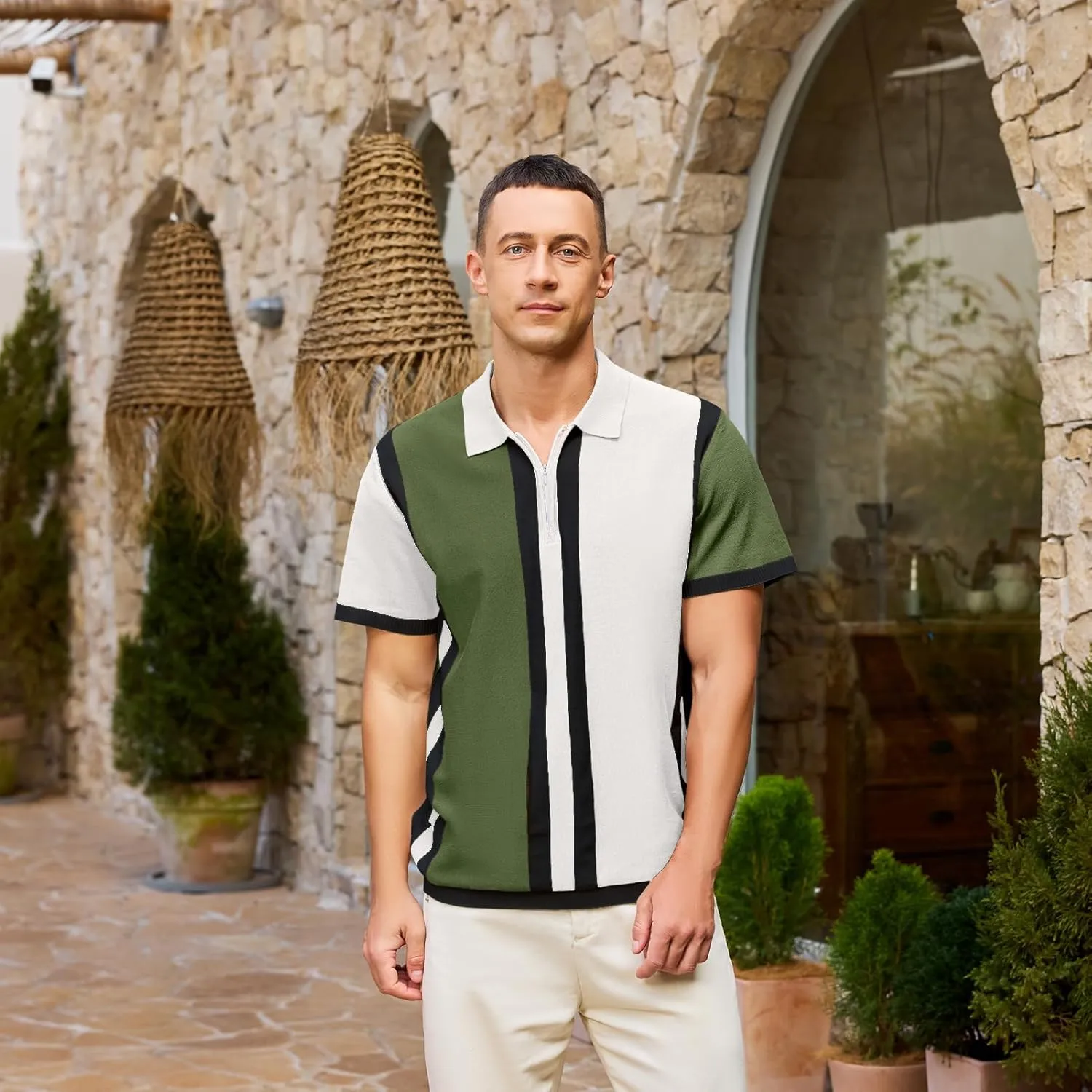 Men's Fashion Knit Polo Shirts Vintage Striped Knitting Shirts Ribbed Slim Fit Golf Shirts