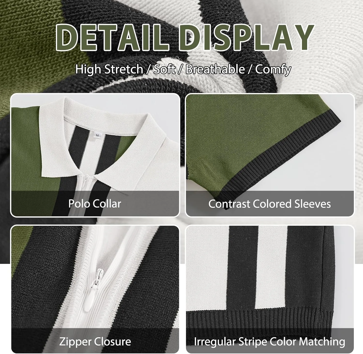 Men's Fashion Knit Polo Shirts Vintage Striped Knitting Shirts Ribbed Slim Fit Golf Shirts