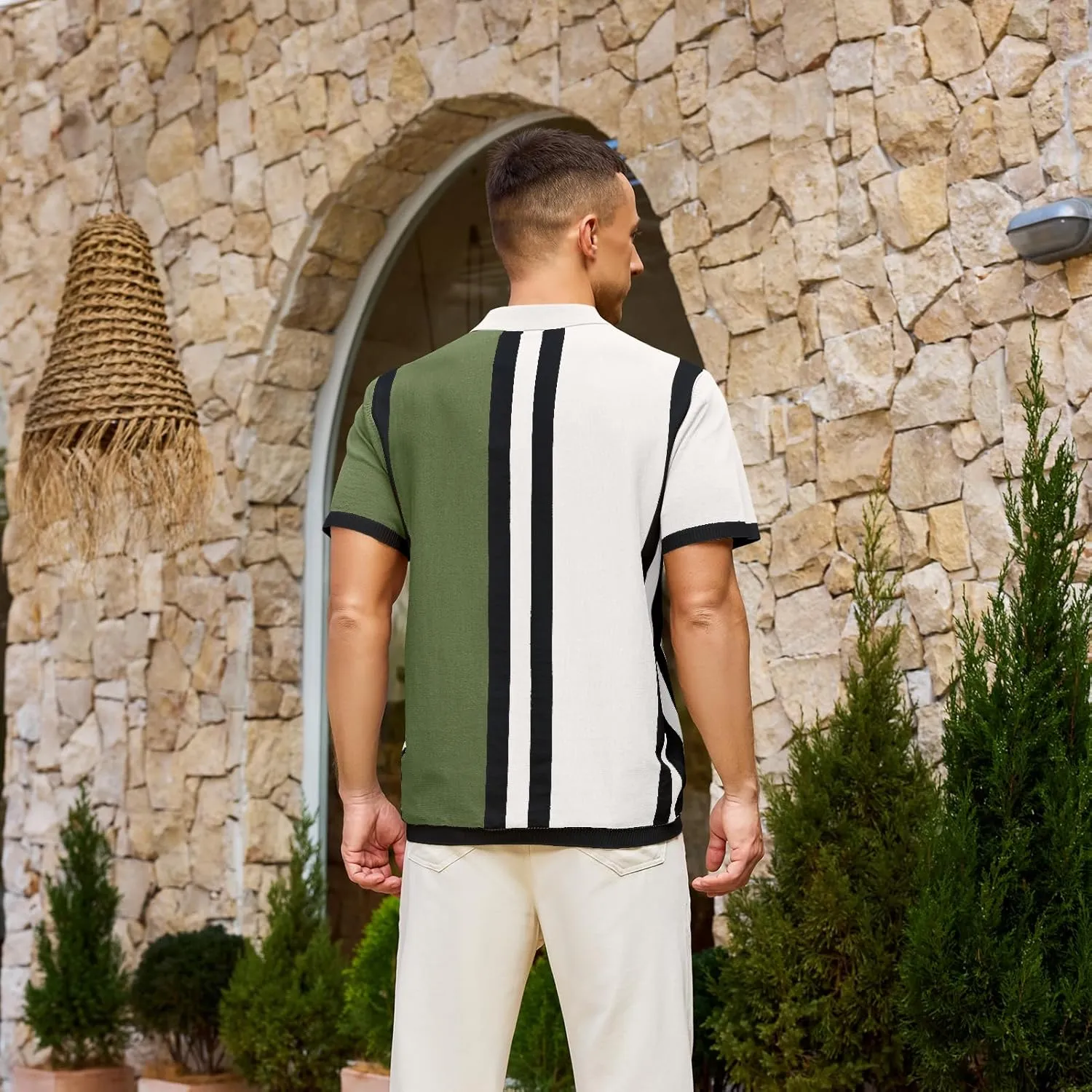 Men's Fashion Knit Polo Shirts Vintage Striped Knitting Shirts Ribbed Slim Fit Golf Shirts
