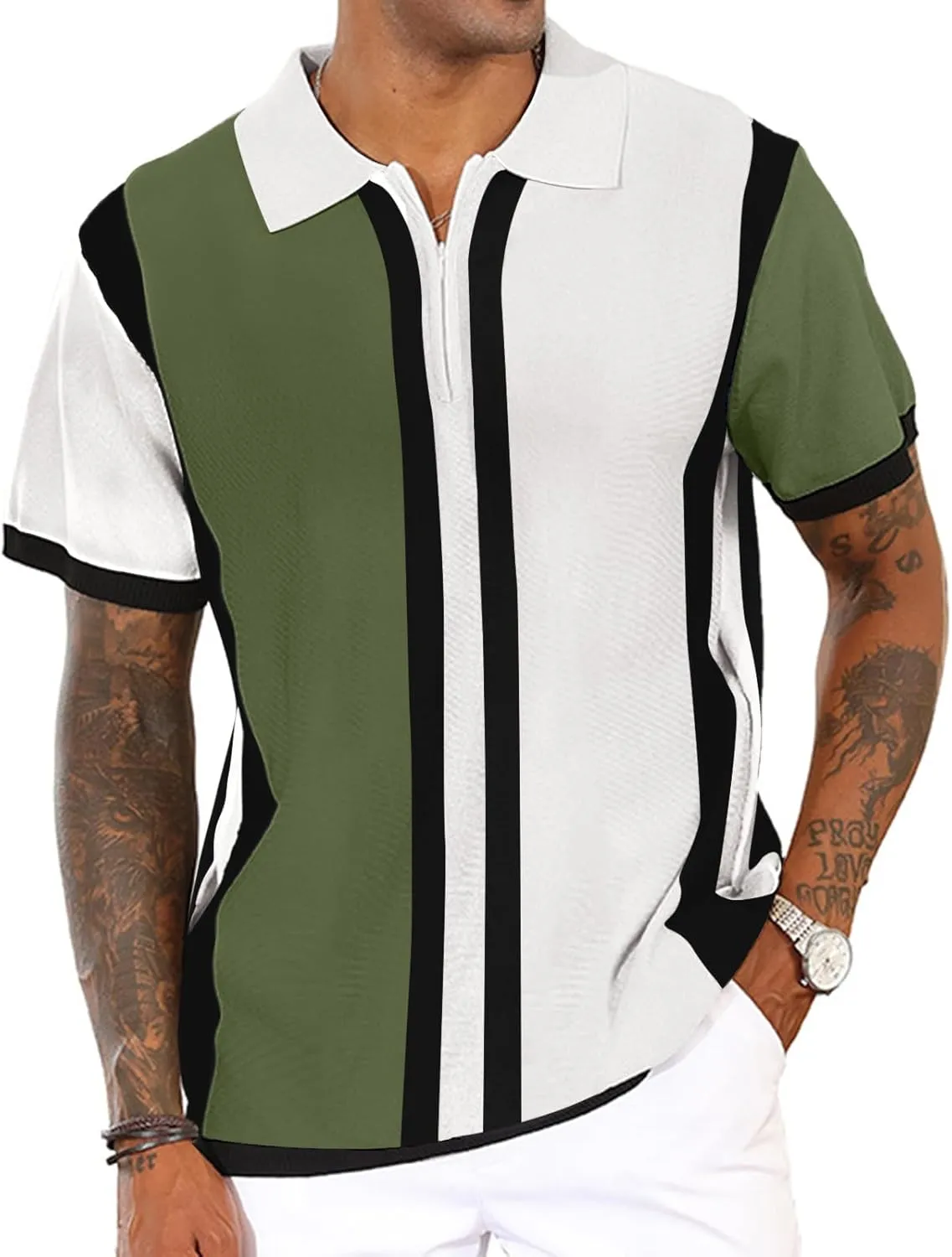 Men's Fashion Knit Polo Shirts Vintage Striped Knitting Shirts Ribbed Slim Fit Golf Shirts