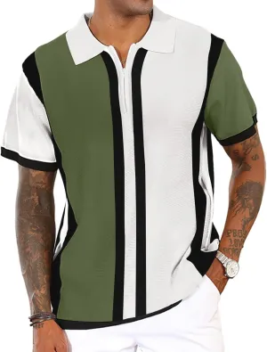 Men's Fashion Knit Polo Shirts Vintage Striped Knitting Shirts Ribbed Slim Fit Golf Shirts
