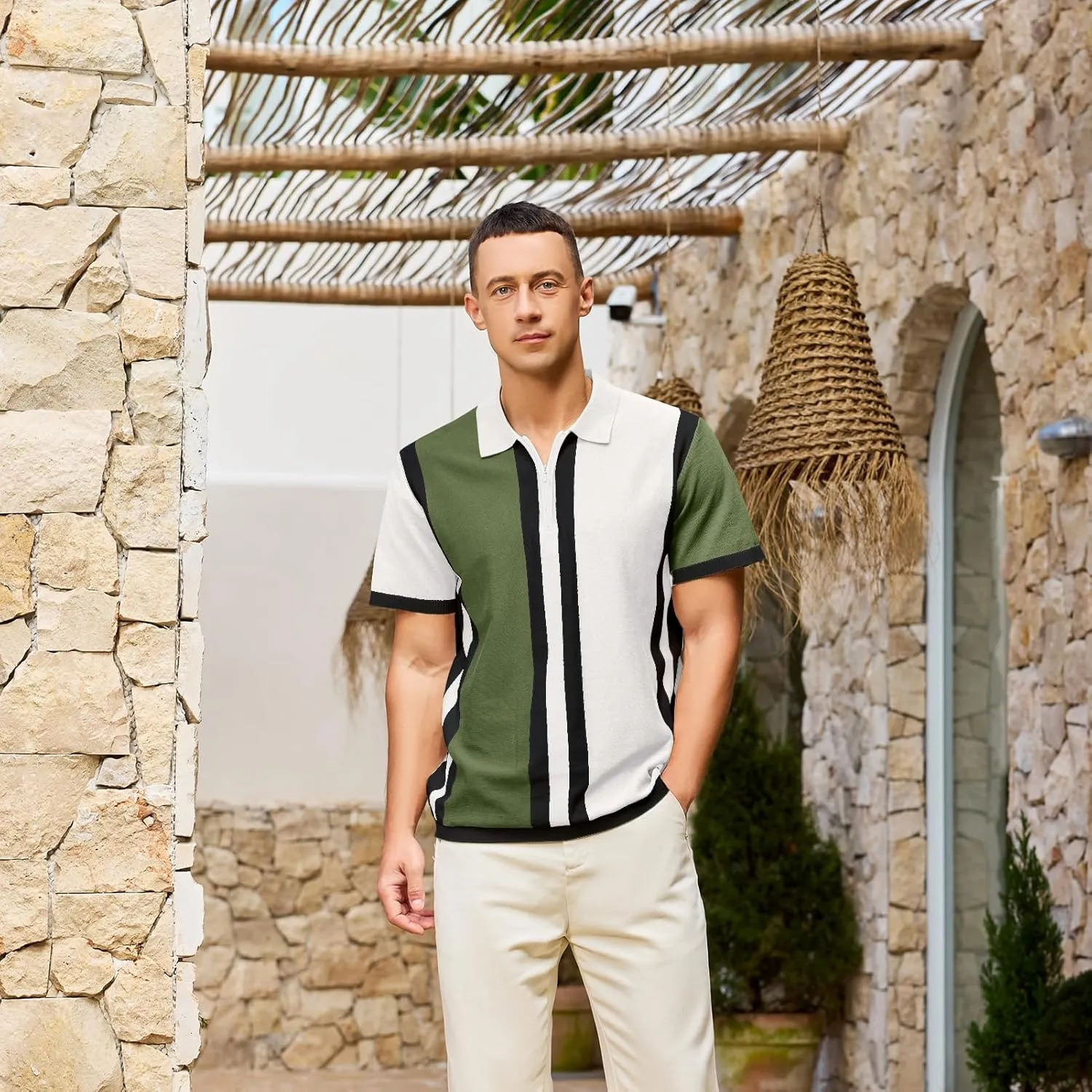 Men's Fashion Knit Polo Shirts Vintage Striped Knitting Shirts Ribbed Slim Fit Golf Shirts