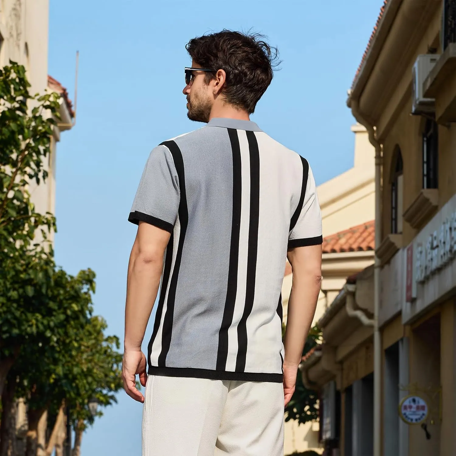 Men's Fashion Knit Polo Shirts Vintage Striped Knitting Shirts Ribbed Slim Fit Golf Shirts