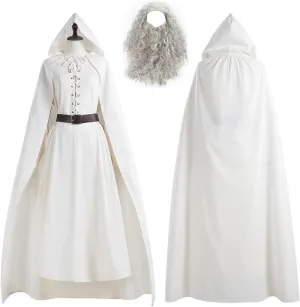 Mens Gandalf Cosplay Costume Rings Wizard Cloak Suit Halloween Outfits Hooded Robe Tunic Dress Hat Belt