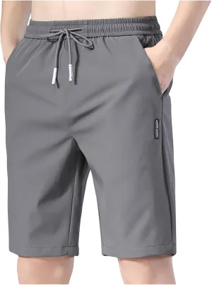 Men's Gym Shorts Solid Color Drawstring Elastic Waisted Shorts Slim Fit Quick Drying Straight Short Pants with Pocket