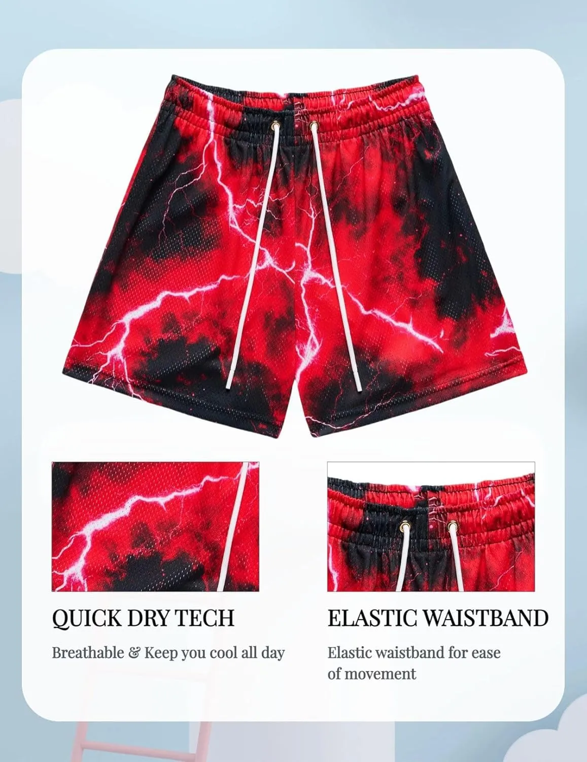 Mens Lightning Bolt Gym Shorts - Quick-Dry Breathable Athletic Shorts for Basketball,Running, Workouts Summer Streetwear