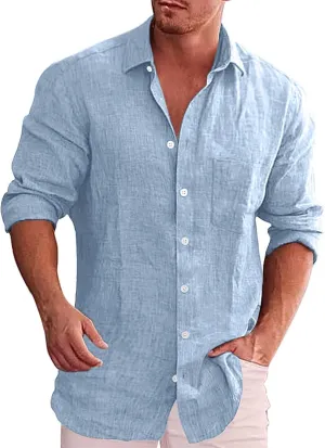 Men's Linen Shirts Button Down Collar Long Sleeve Dress Shirt Tropical Summer Casual Hawaiian Beach Untucked Tops