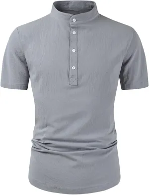Men's Linen Shirts Casual Band Collar Solid Color Cotton T Shirt Short Sleeve Sports Outdoor Gym Golf Blouses 2025